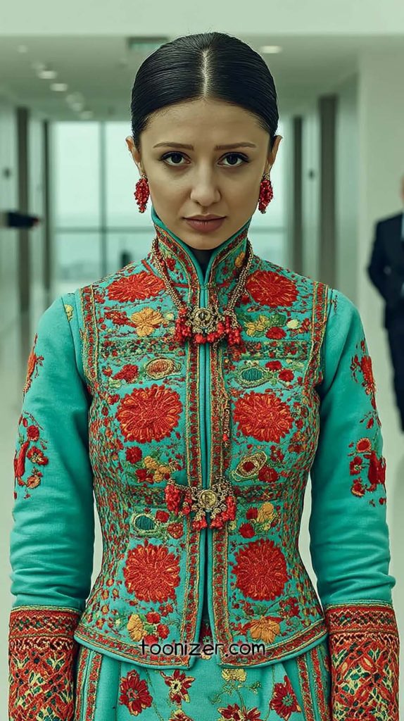 Woman in ornate blue and red embroidered outfit