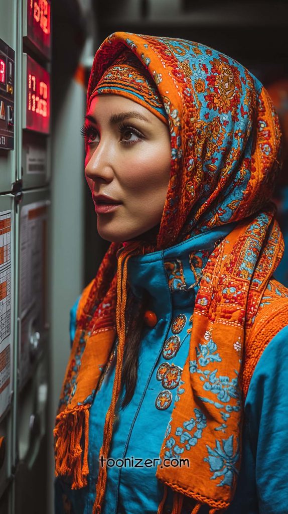 Woman in colorful headscarf looking at control panel.