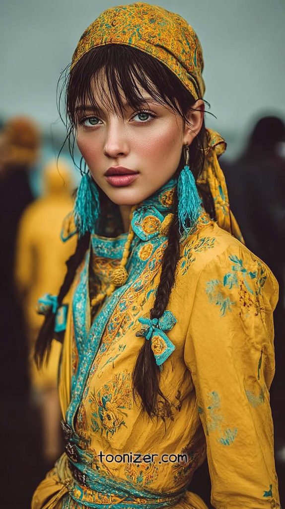 Stylish woman in yellow and teal attire