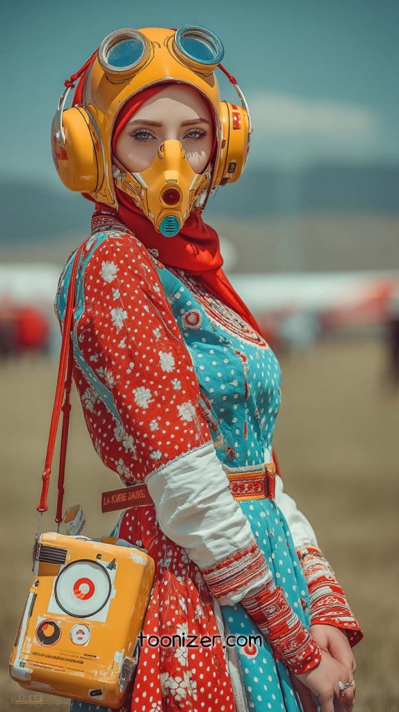 Woman in colorful costume with futuristic helmet
