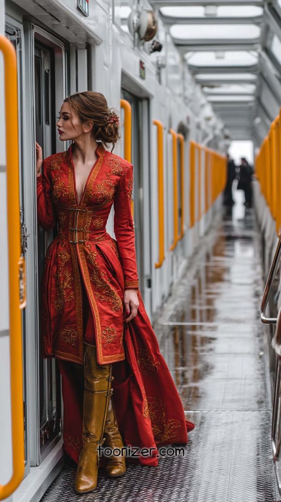 Woman in red coat standing on a train