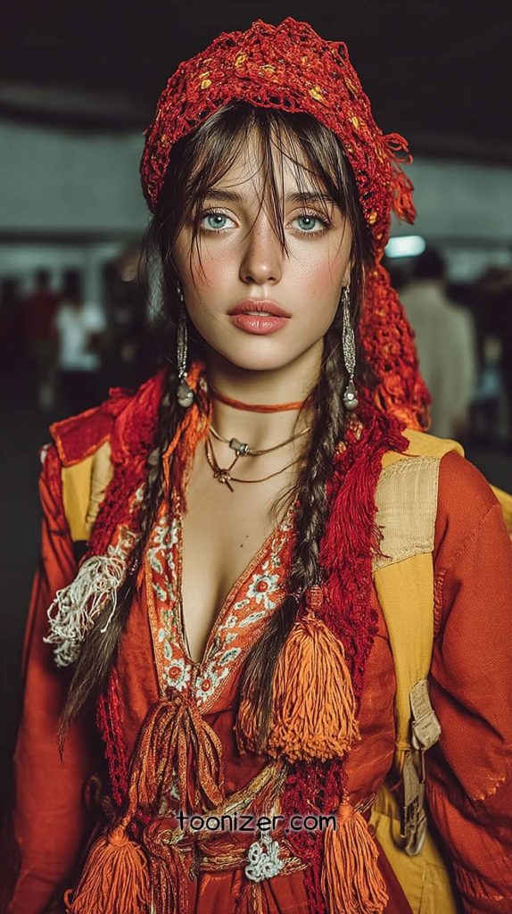 Person in colorful bohemian outfit with braided hair.
