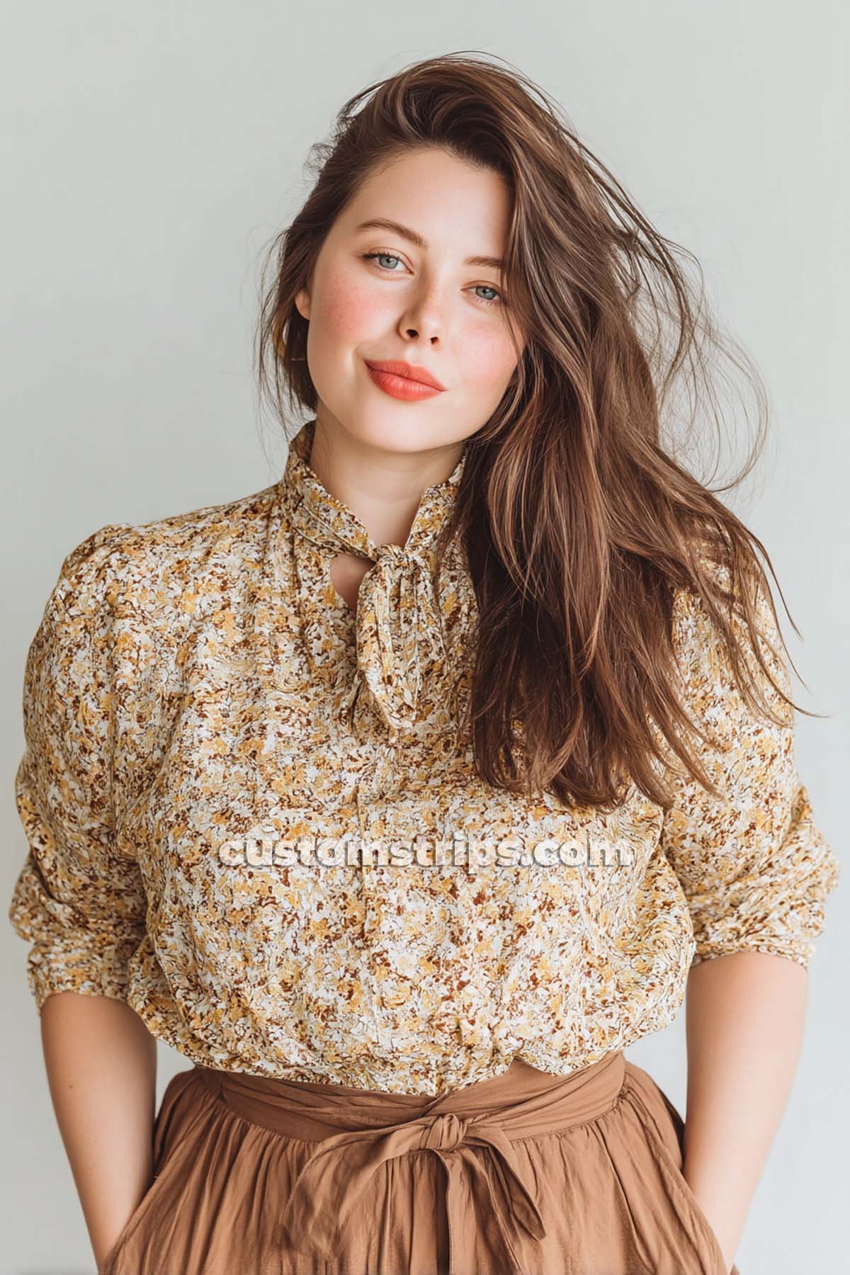 Person wearing floral blouse and brown skirt smiling.
