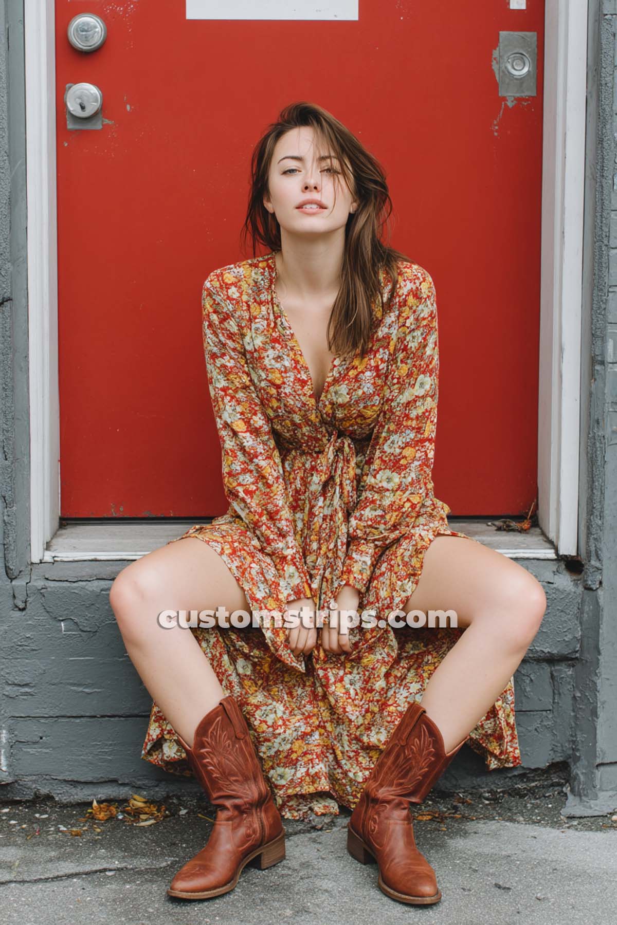 Woman in floral dress sitting by red door.