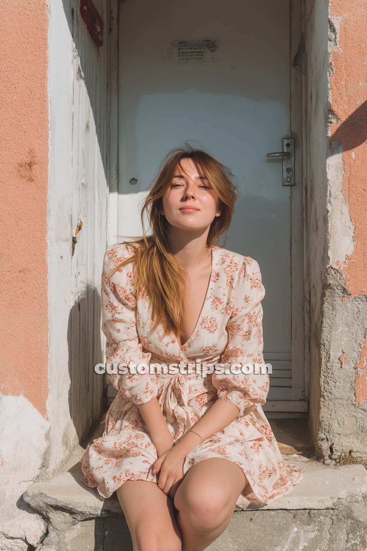 Woman in floral dress sitting by doorway
