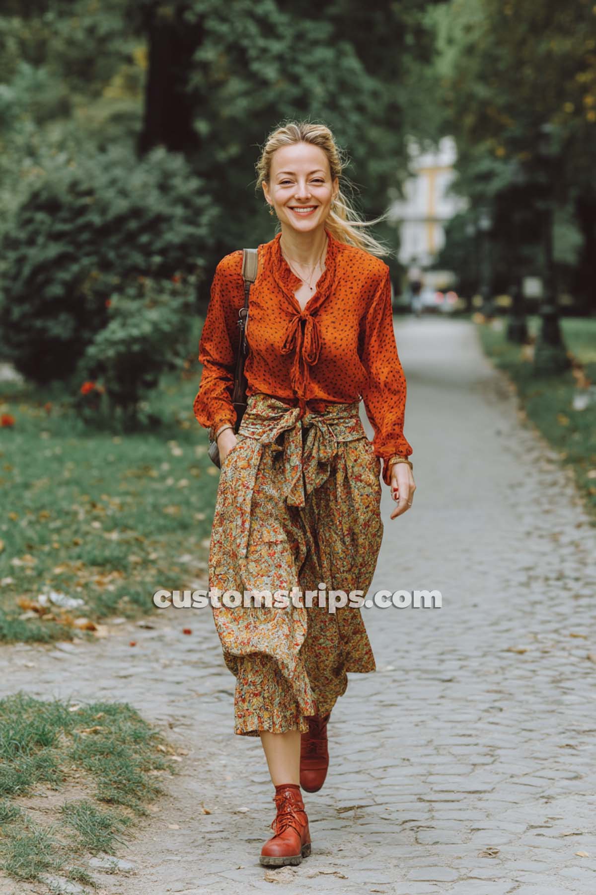 Woman walking in park wearing floral outfit