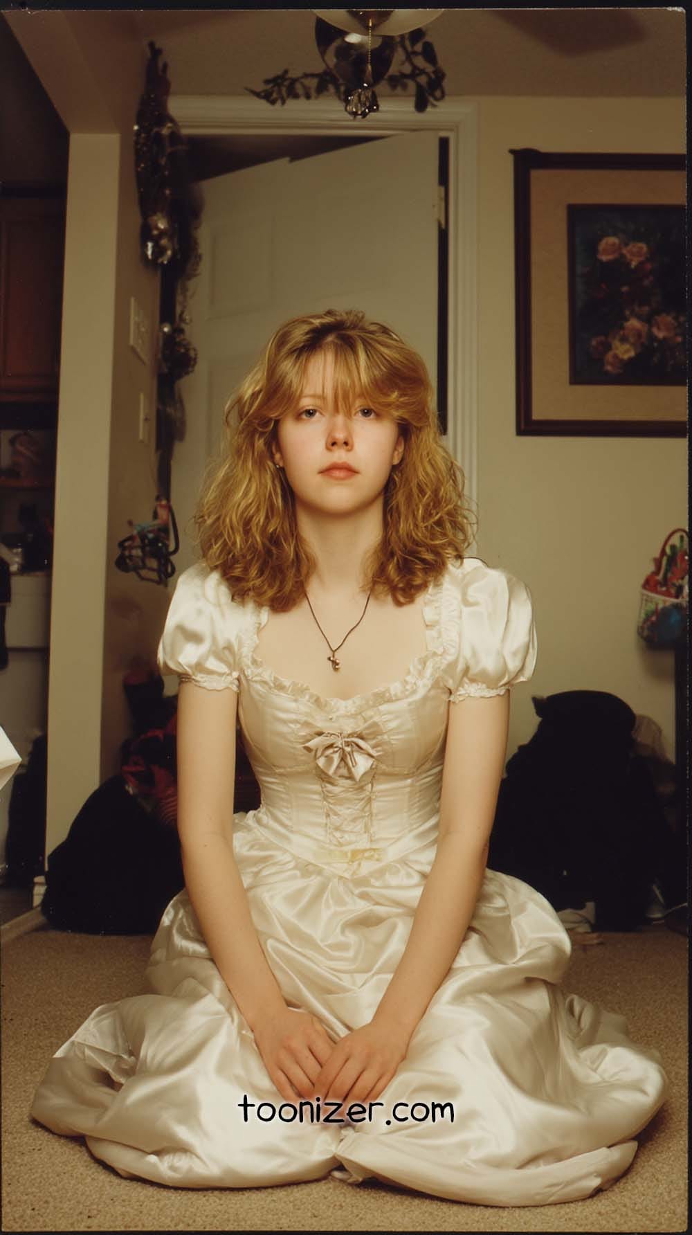 Woman in white satin dress sitting indoors.