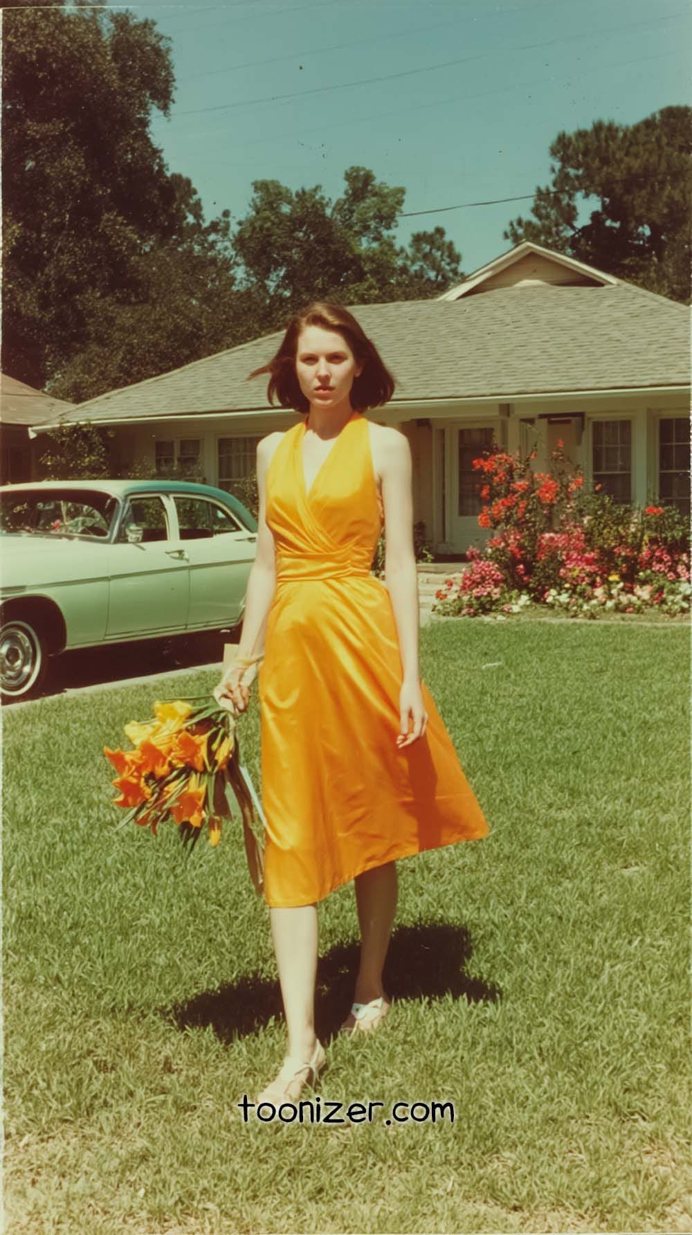 Person in orange dress holding flowers on sunny day.