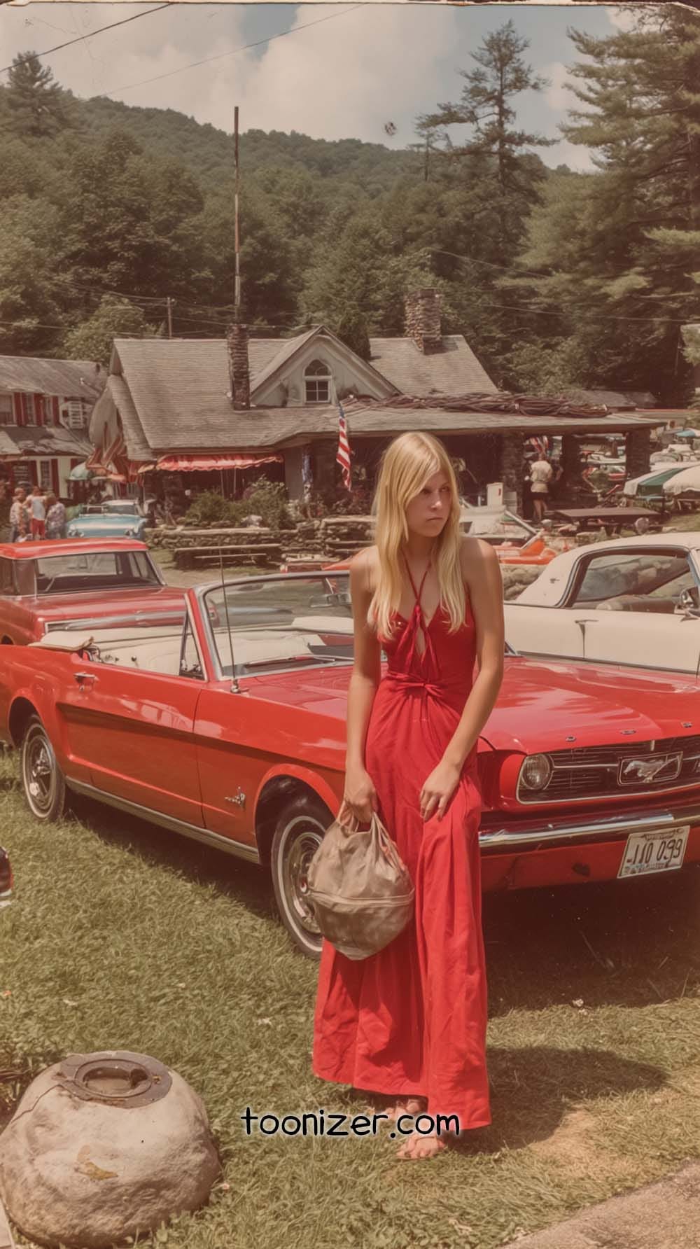 Woman in red dress by vintage convertible car.
