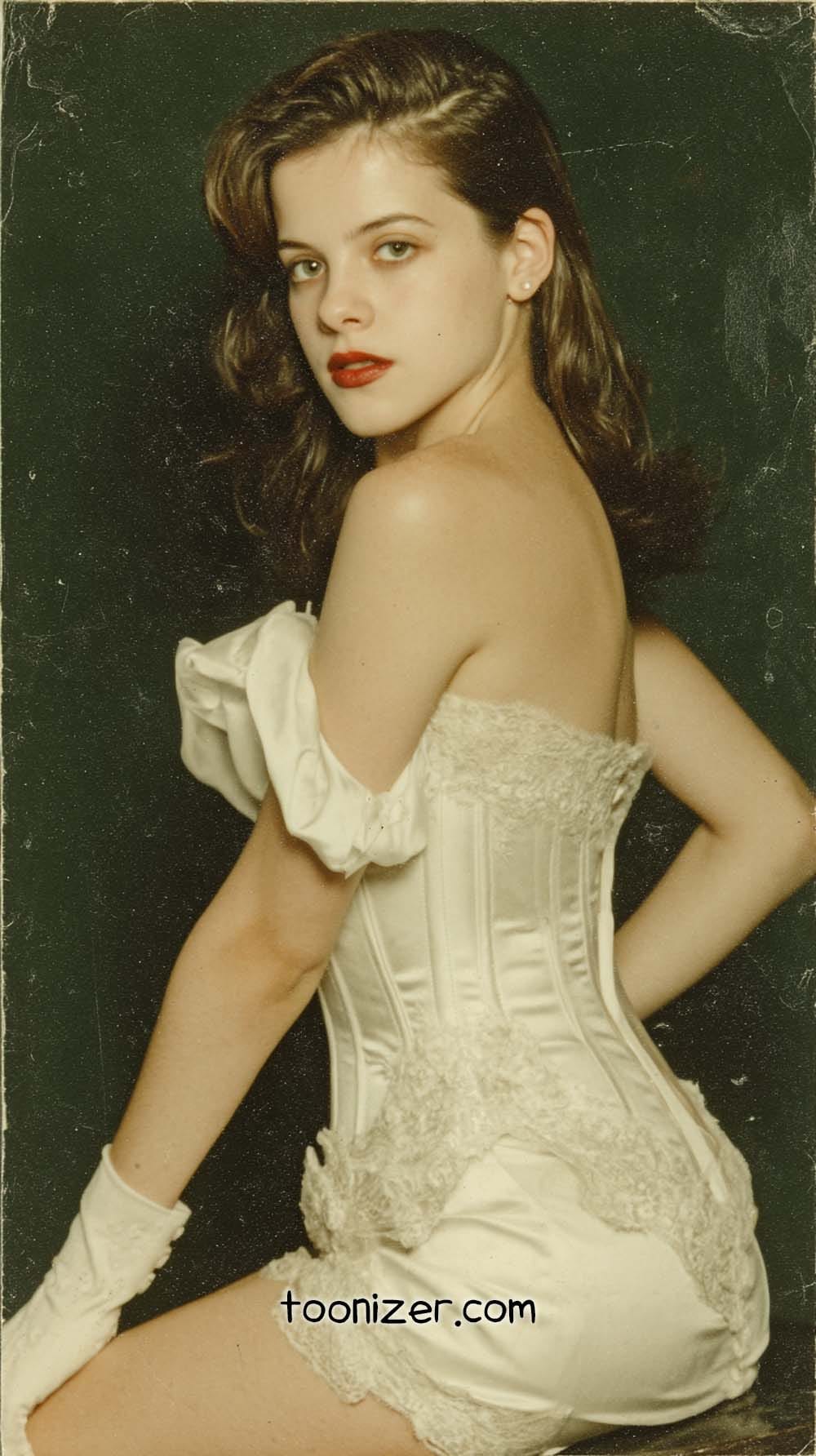 Vintage portrait of a woman in white corset.