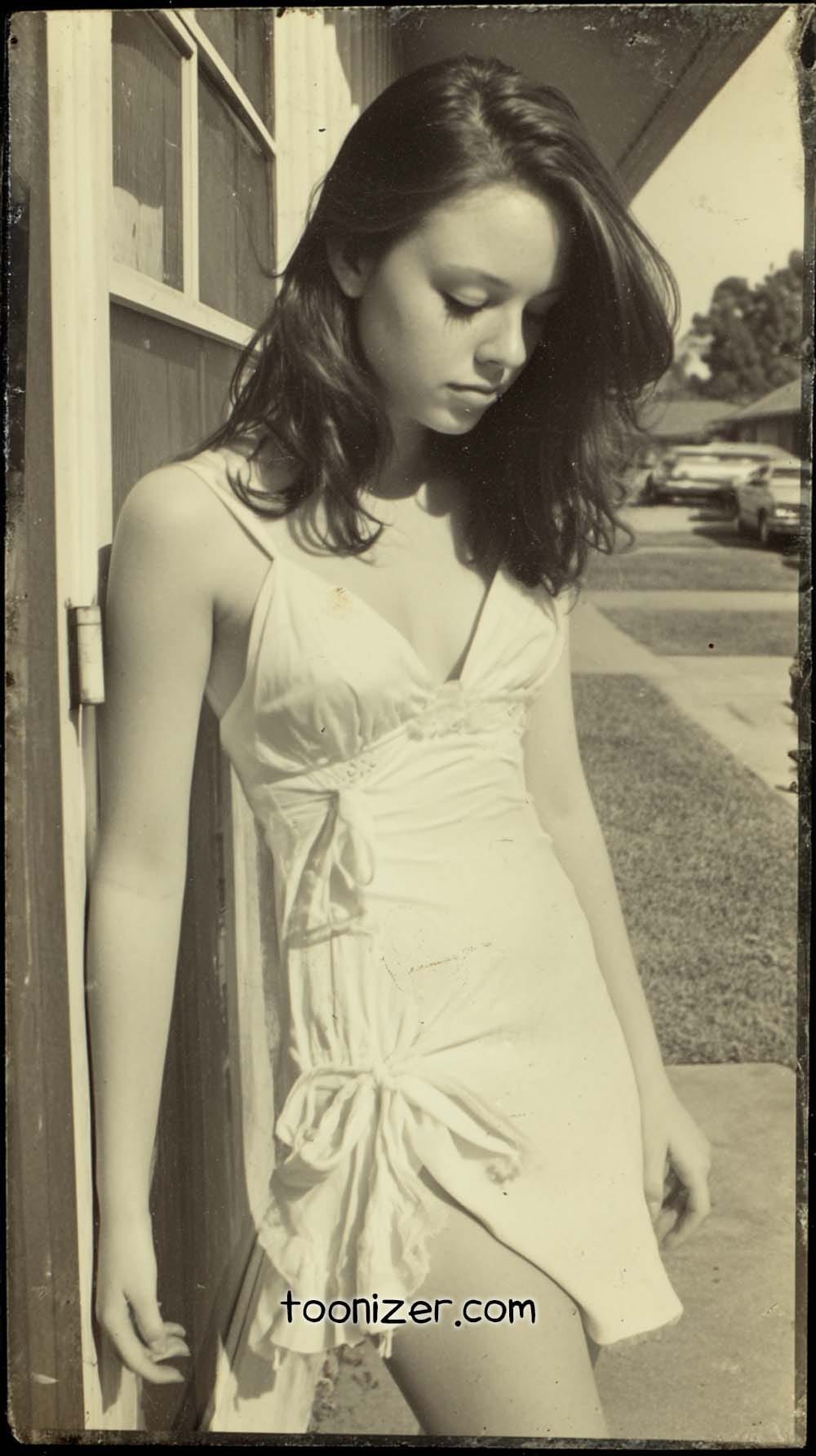 Woman in vintage photo, white dress outdoors.