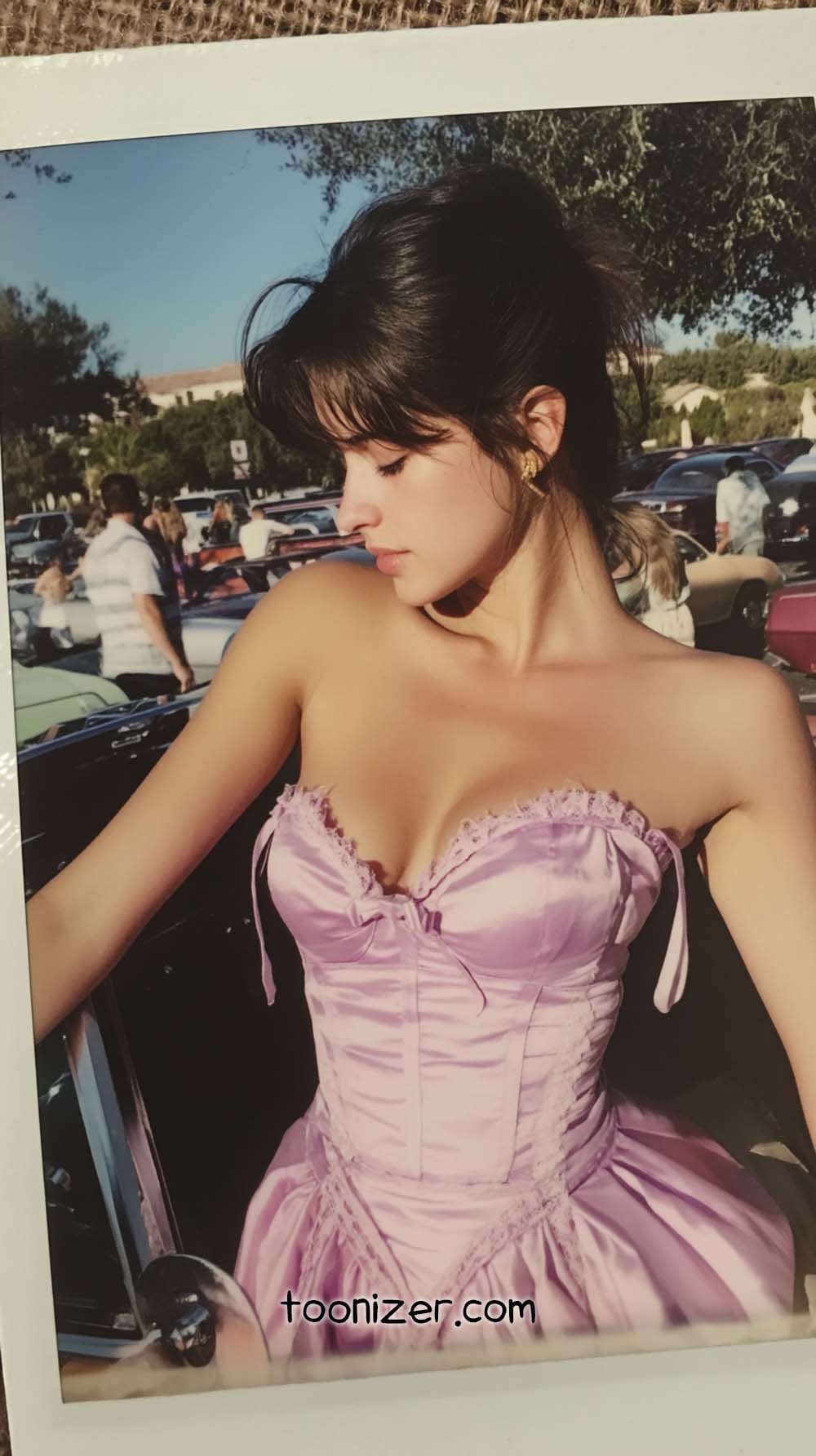 Woman in pink dress near cars outdoors.