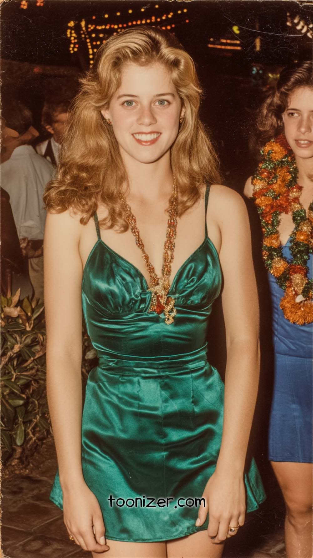 Woman in green dress smiling at event.