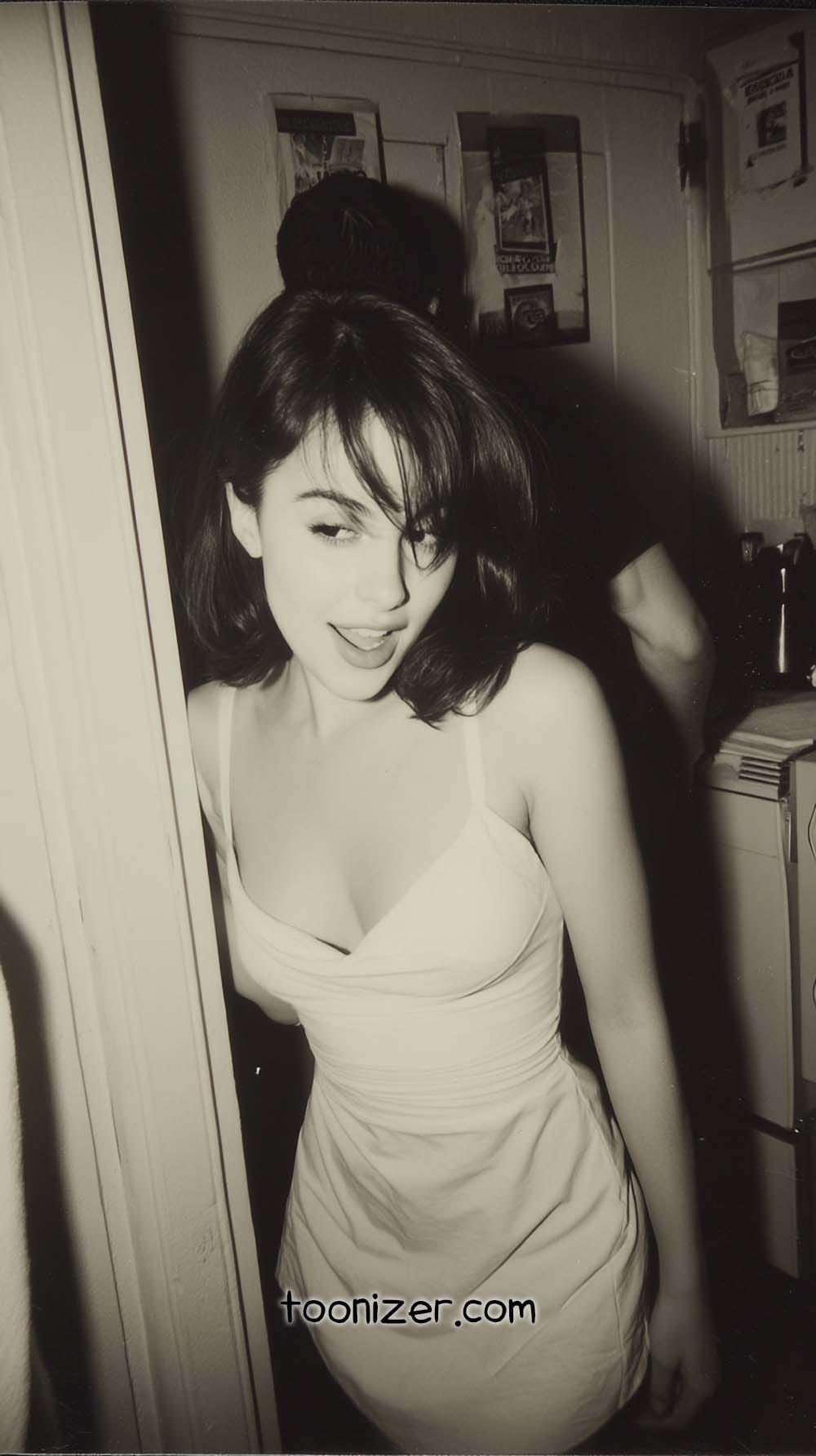 Woman in white dress near kitchen.