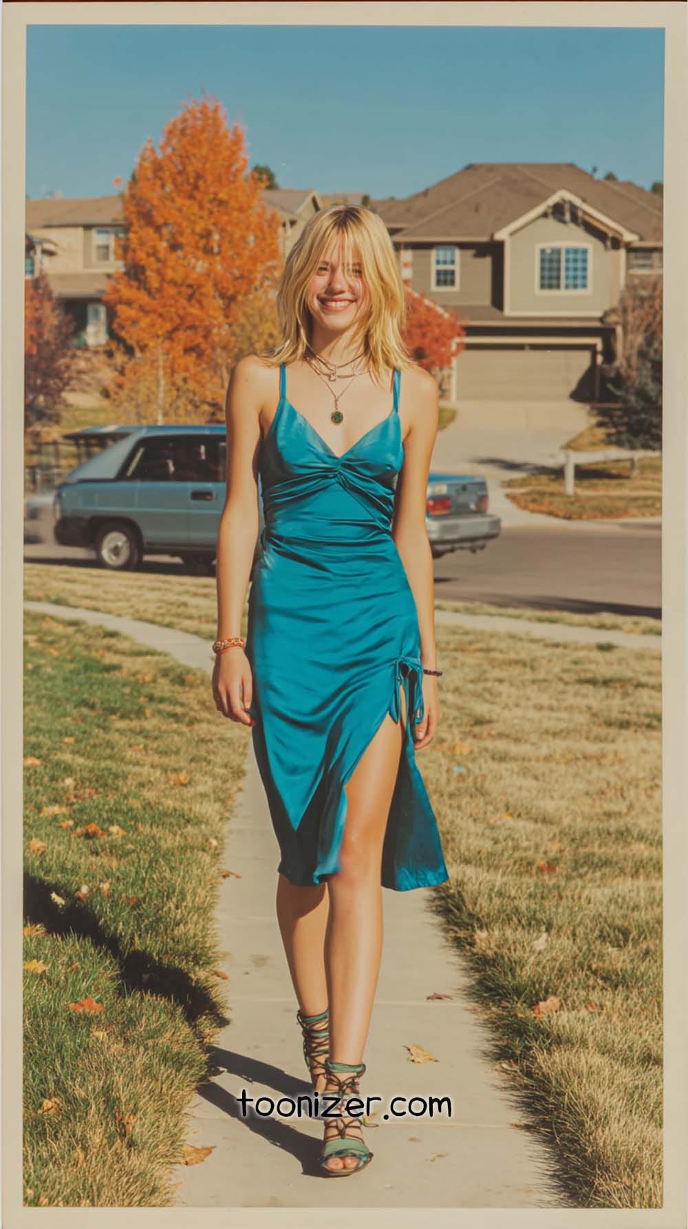Woman in blue dress walking on sidewalk.