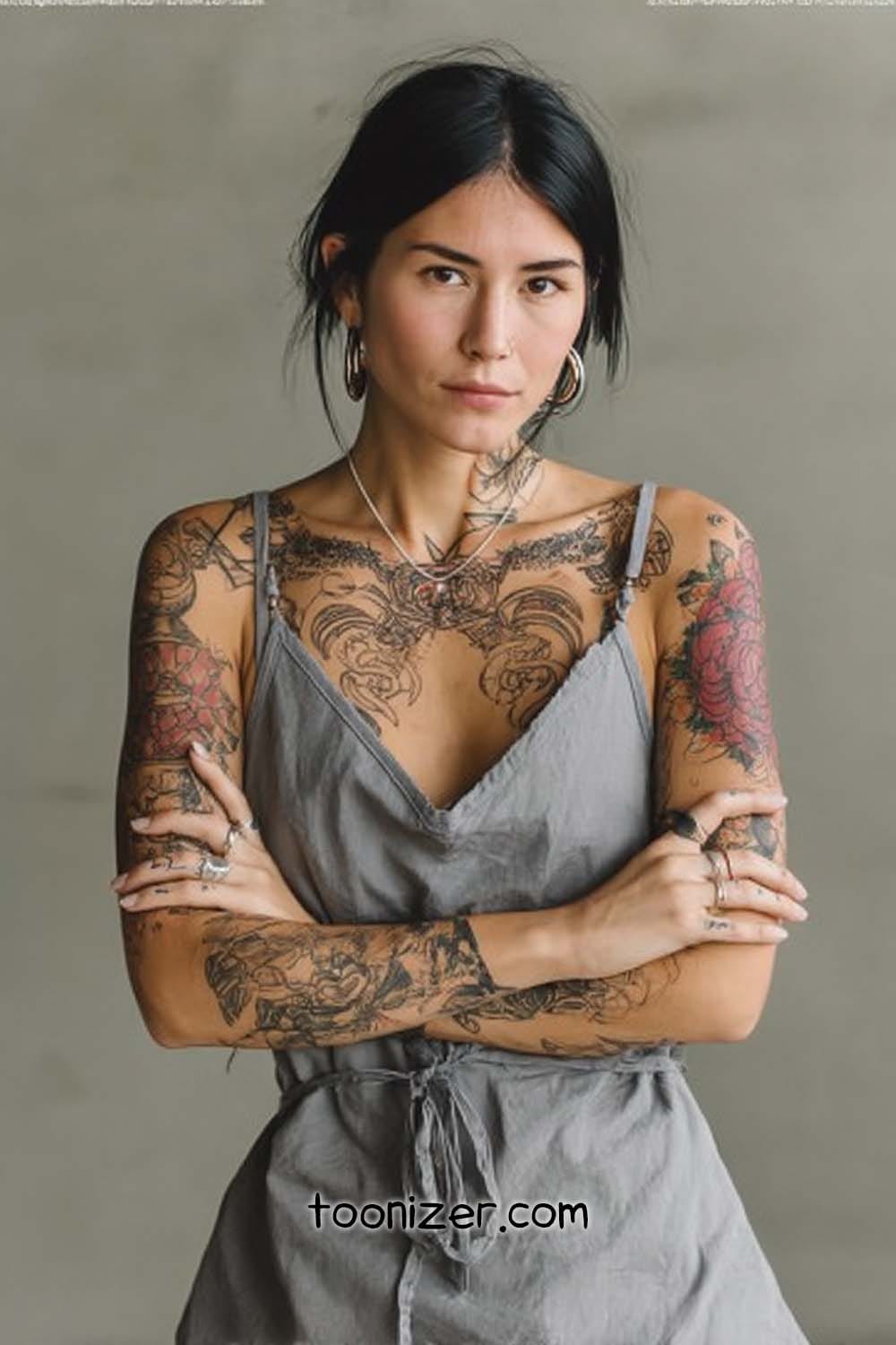 Woman with tattoos in gray dress