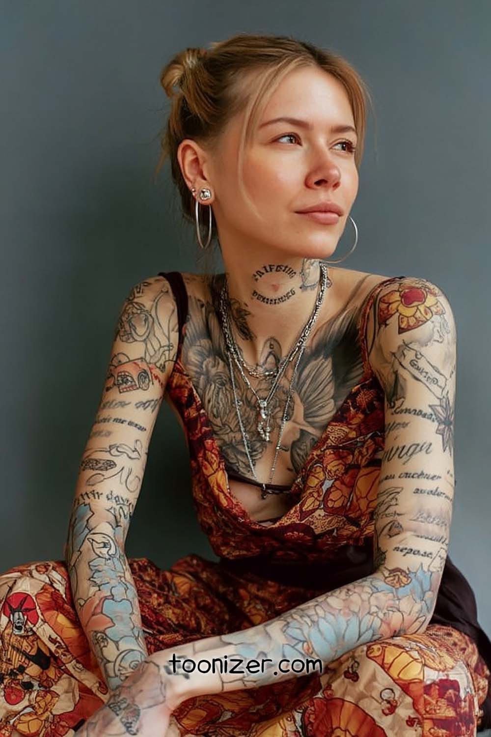 Woman with tattoos in patterned dress, looking aside.
