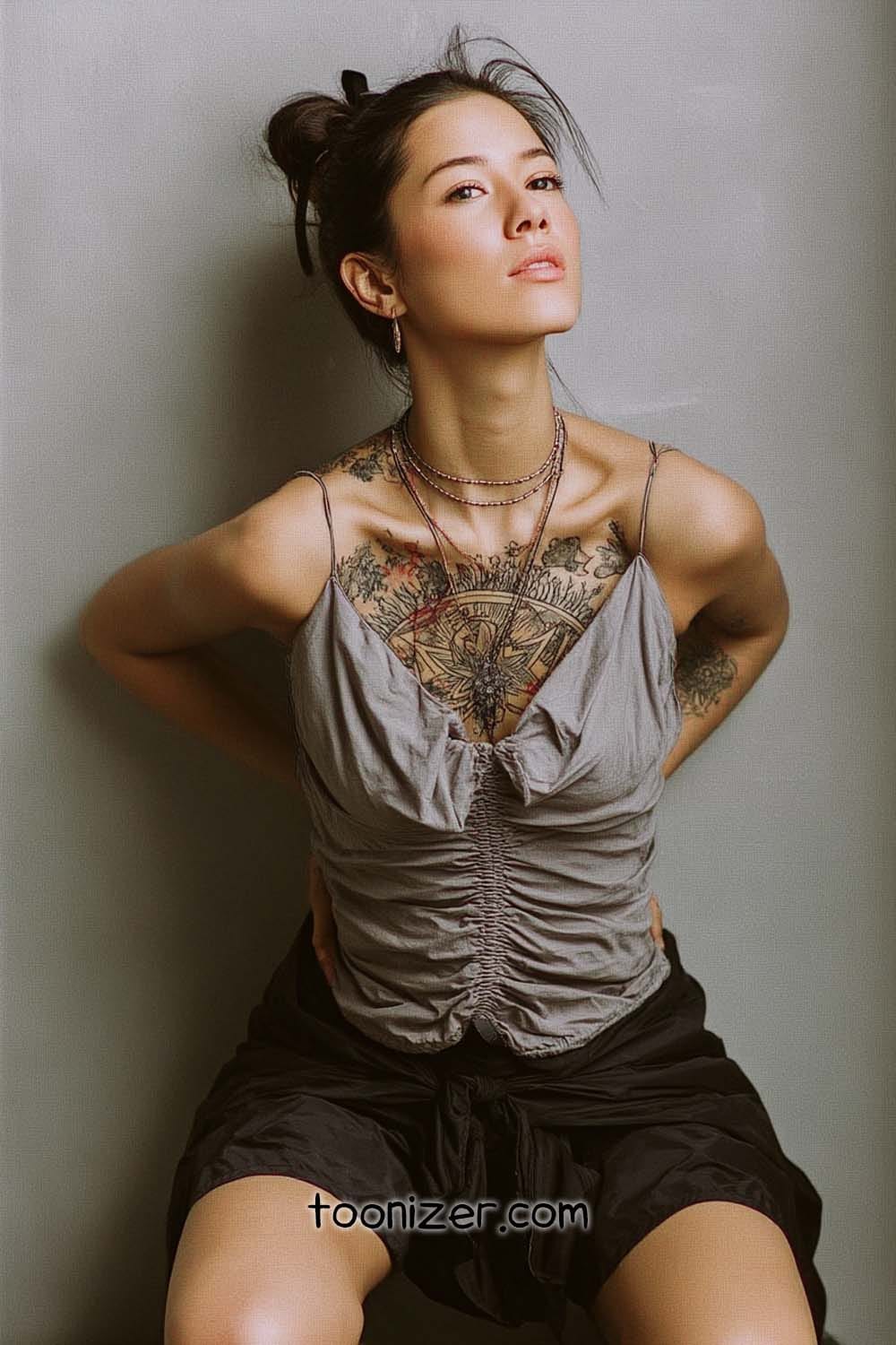 Woman with tattoos and casual outfit posing