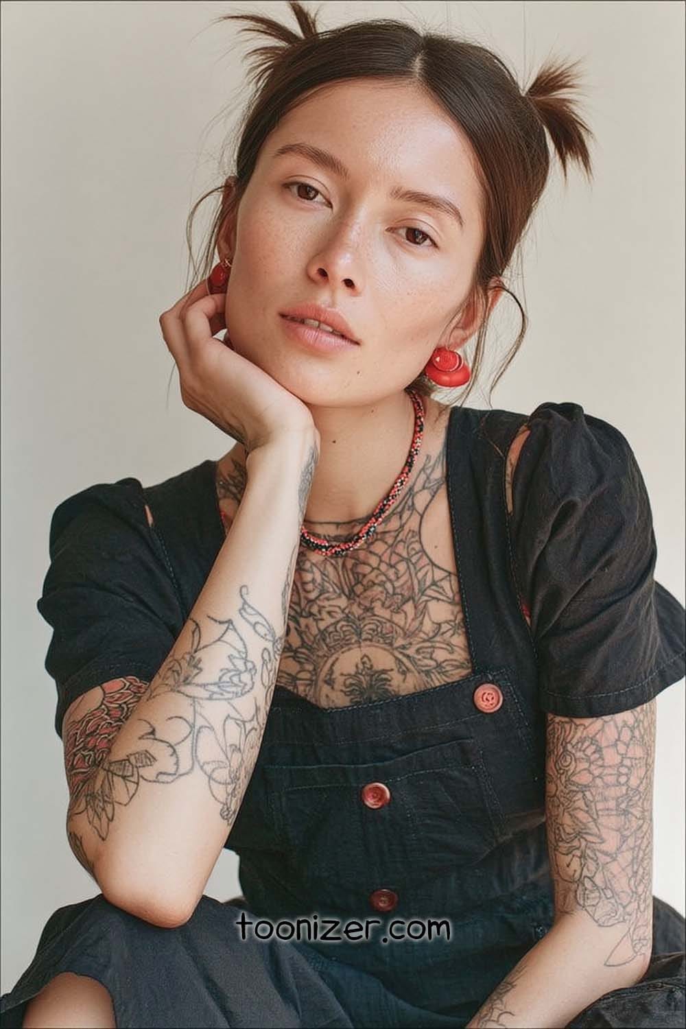 Woman with tattoos in black outfit and red earrings.