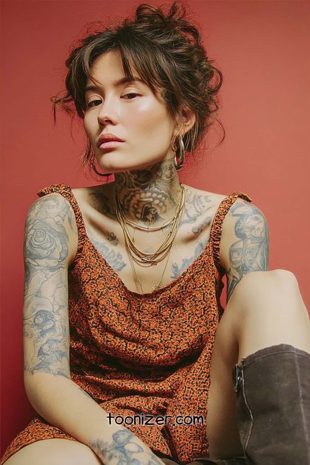 Tattooed woman in floral dress posing confidently.