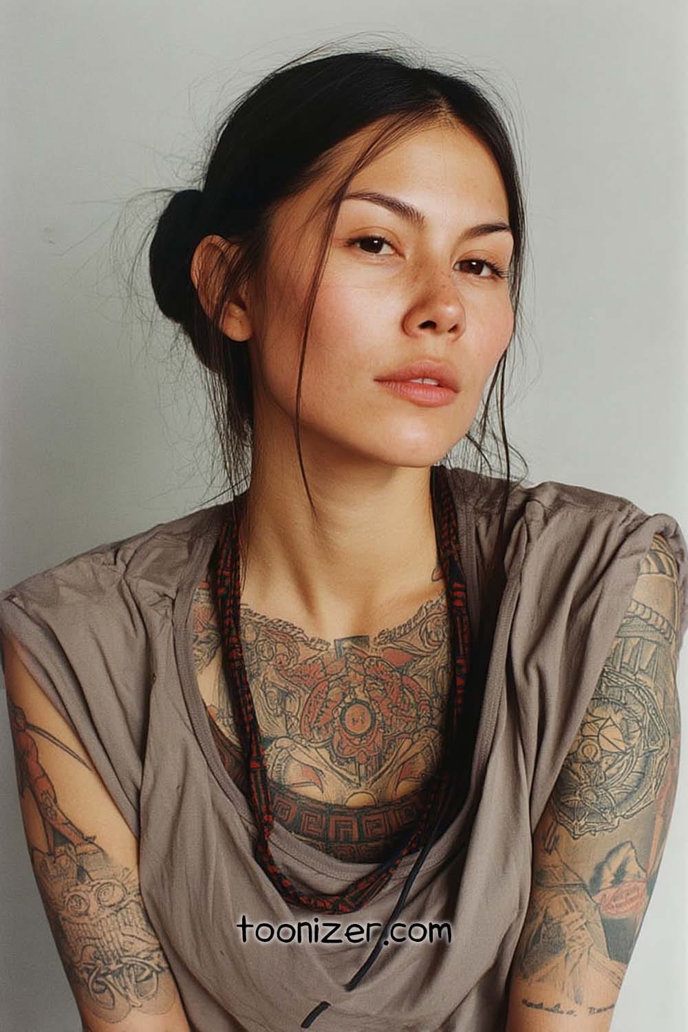 Person with tattoos in gray shirt