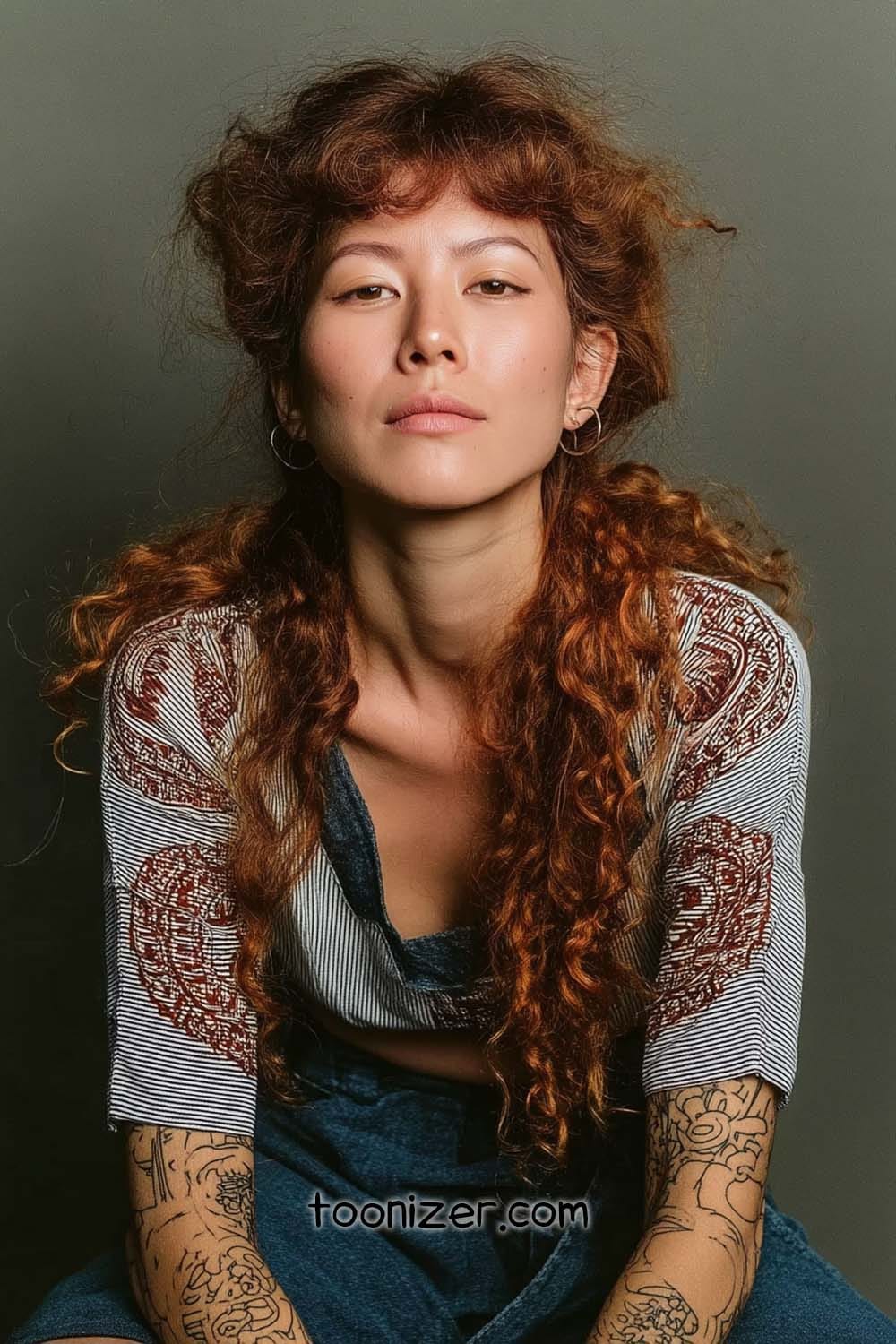 Person with curly hair and tattoos gazing seriously