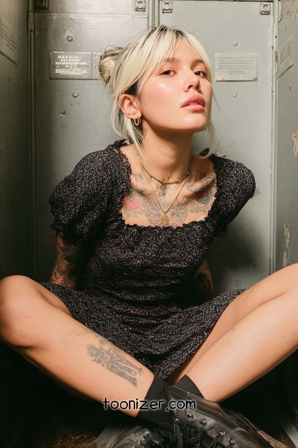 Woman with tattoos sitting cross-legged in a room.