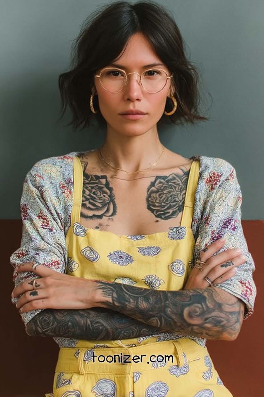 Person with tattoos wearing glasses and yellow outfit.