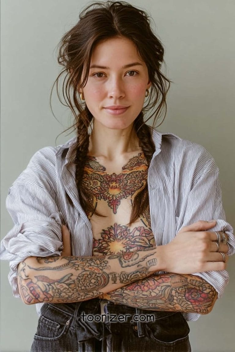 Person with intricate arm and chest tattoos.