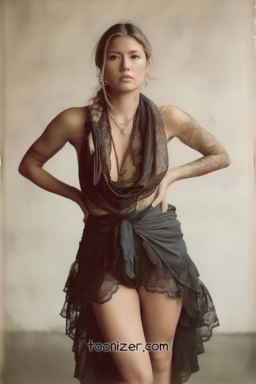 Person wearing black lace outfit with tattoos.