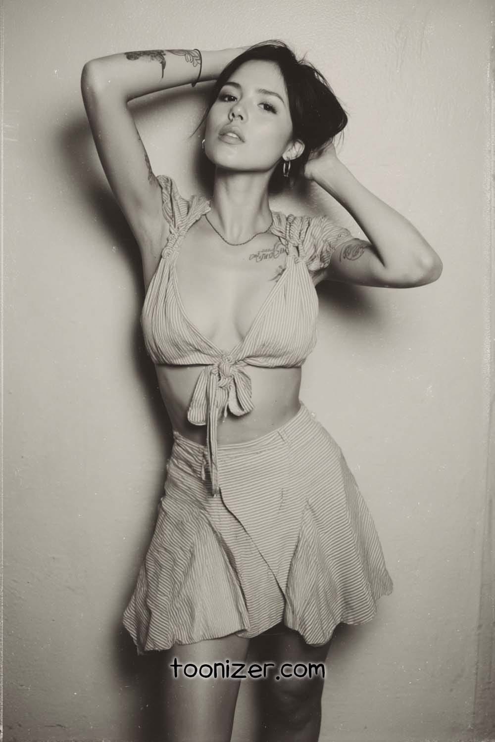 Monochrome woman posing with tattoos and striped outfit