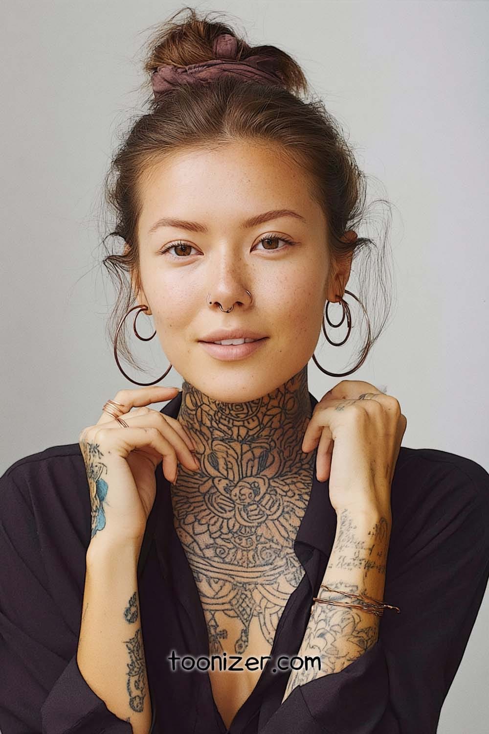 Person with tattoos and piercings, wearing black shirt.