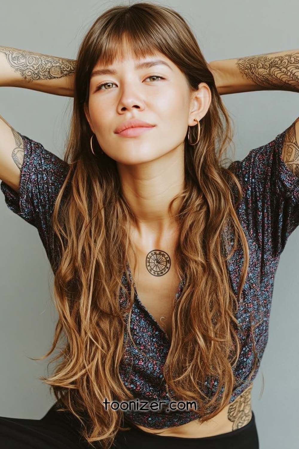 Smiling woman with tattoos and long hair poses