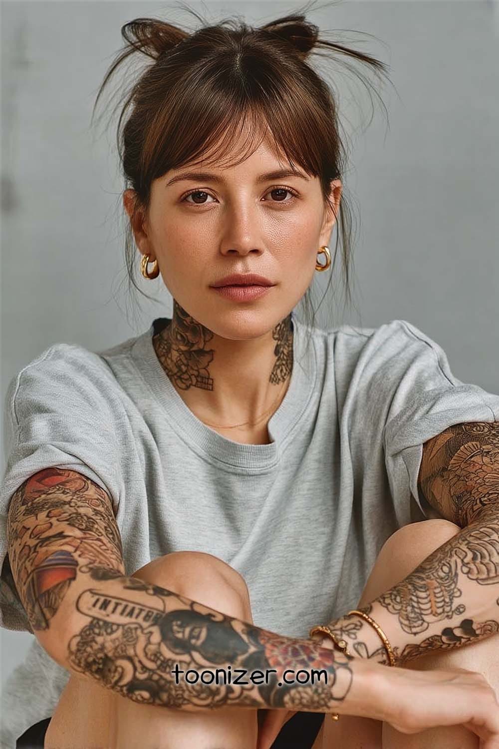 Woman with tattoos wearing a gray shirt