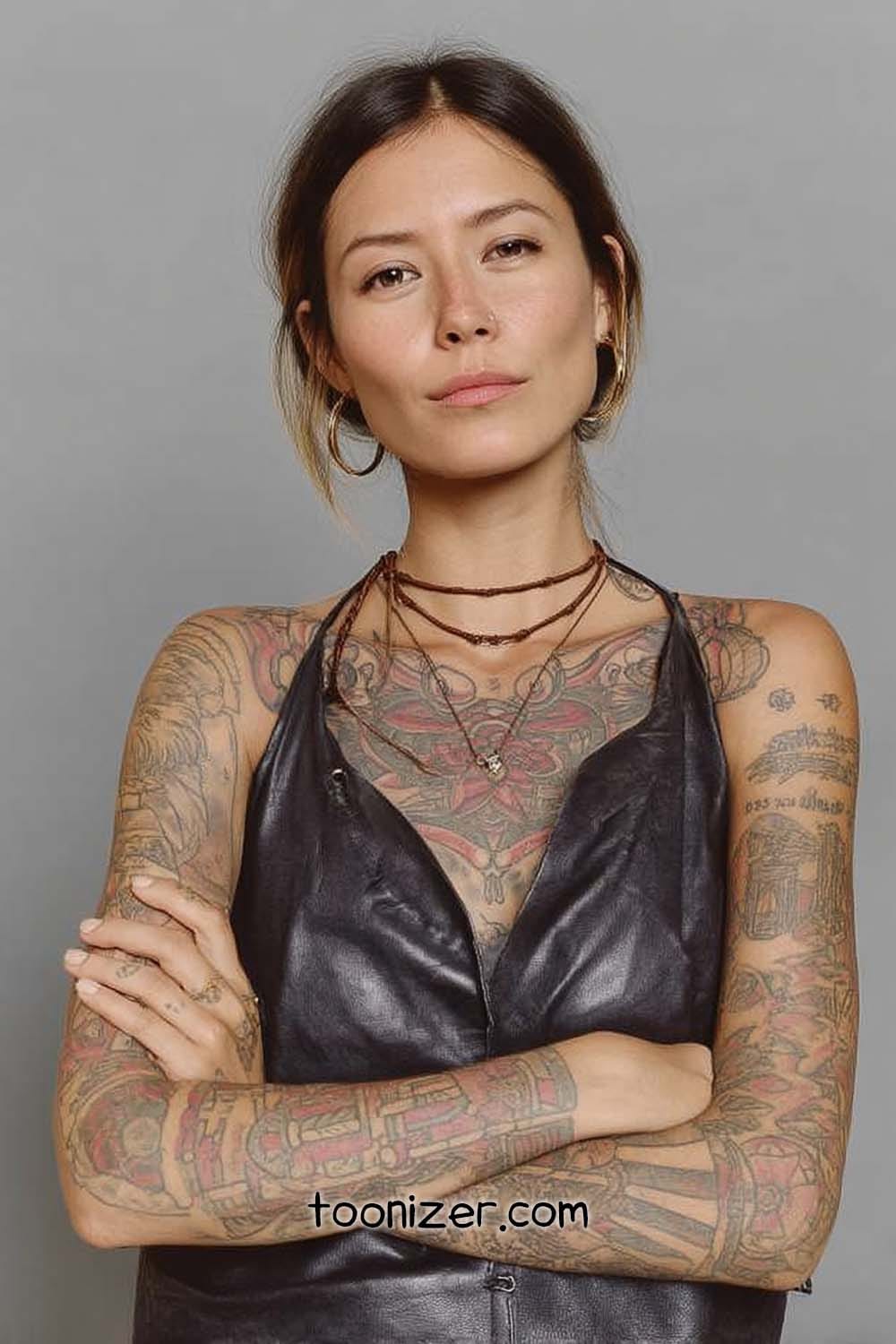 Person with tattoos in leather vest