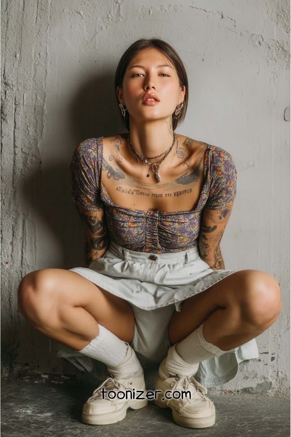 Tattooed woman squatting in stylish outfit, urban setting.