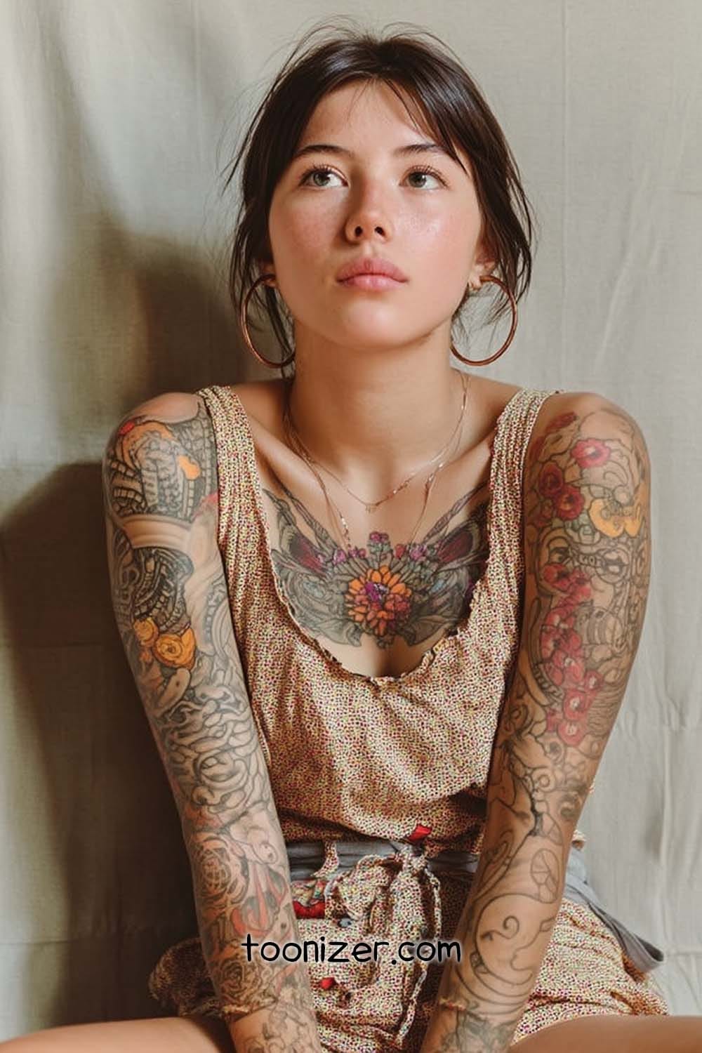 Woman with colorful arm tattoos looks thoughtful.