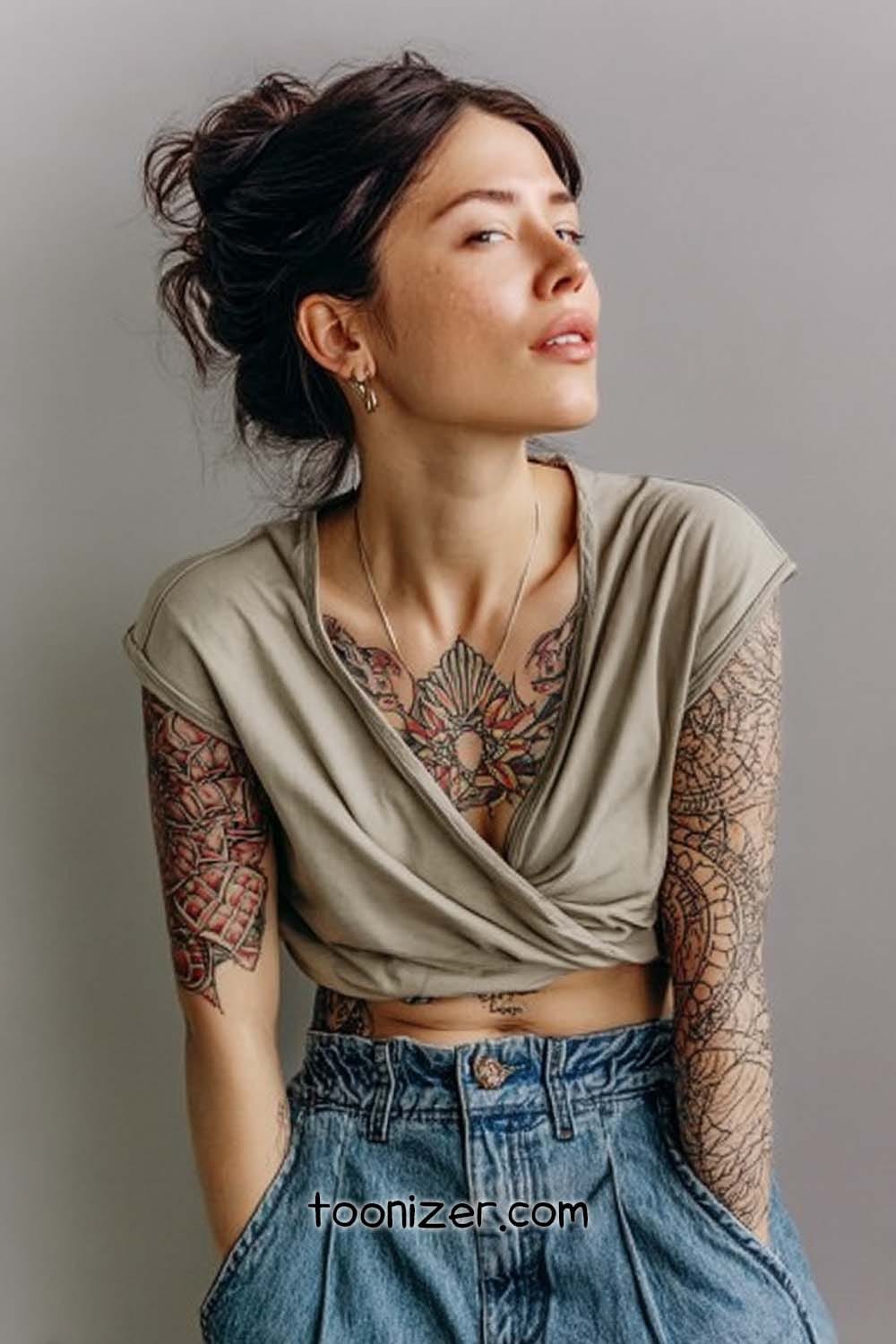 Woman with tattoos wearing a crossover top
