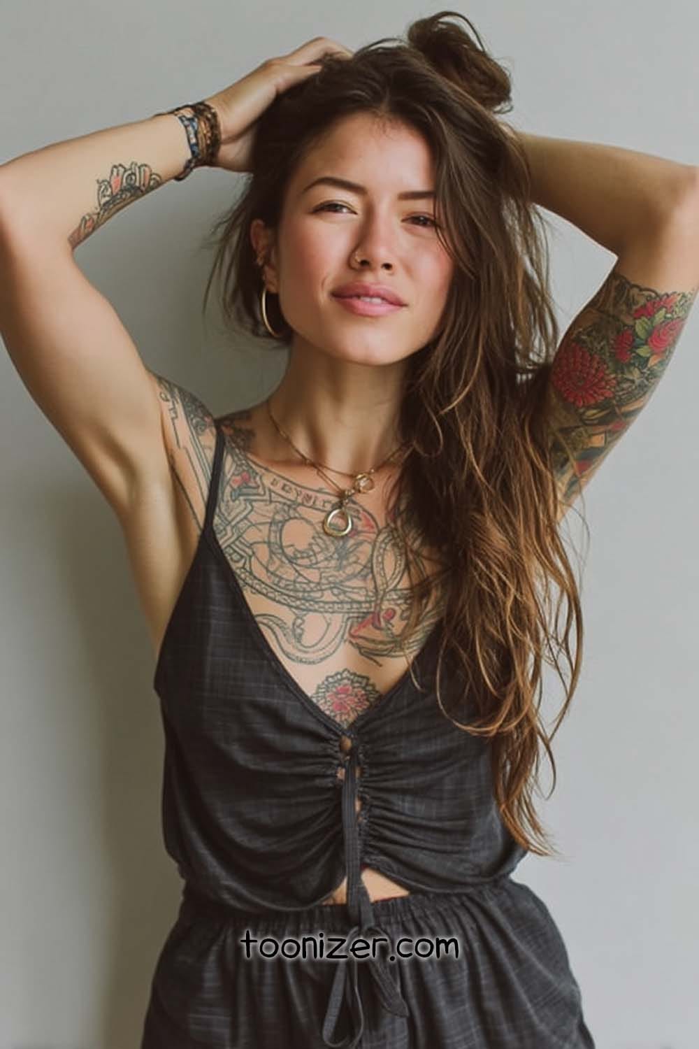 Person with tattoos, long hair, smiling. Casual pose.