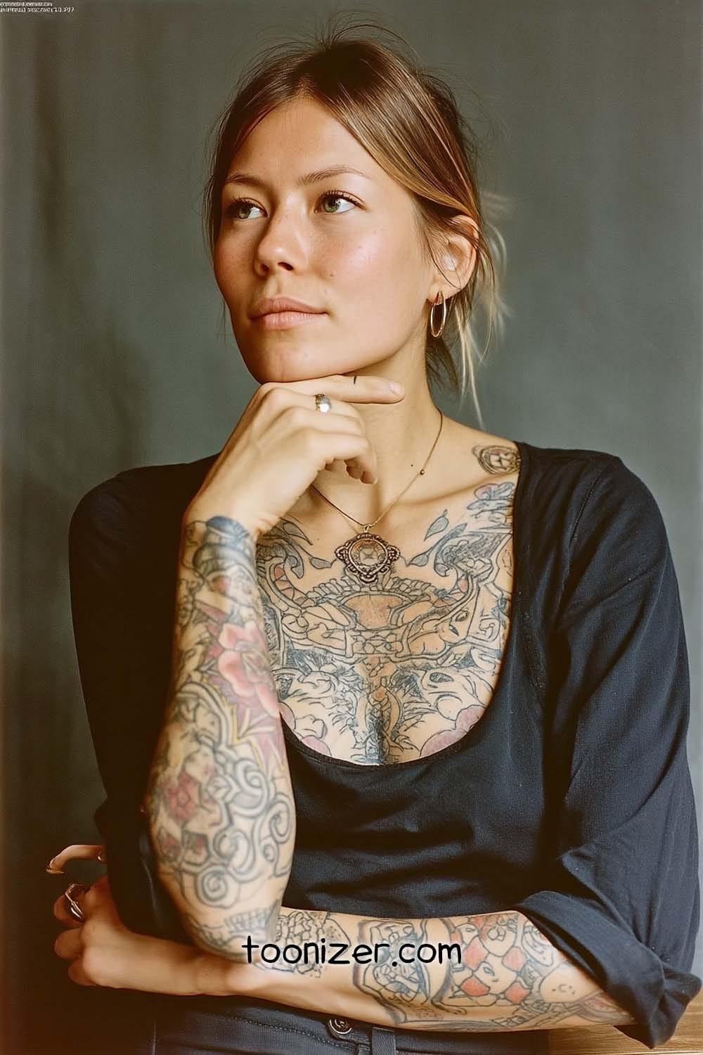 Woman with tattoos in thoughtful pose
