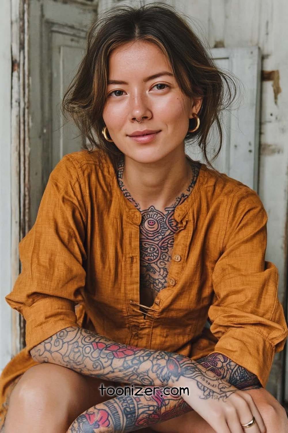 Person with tattoos wearing a mustard shirt