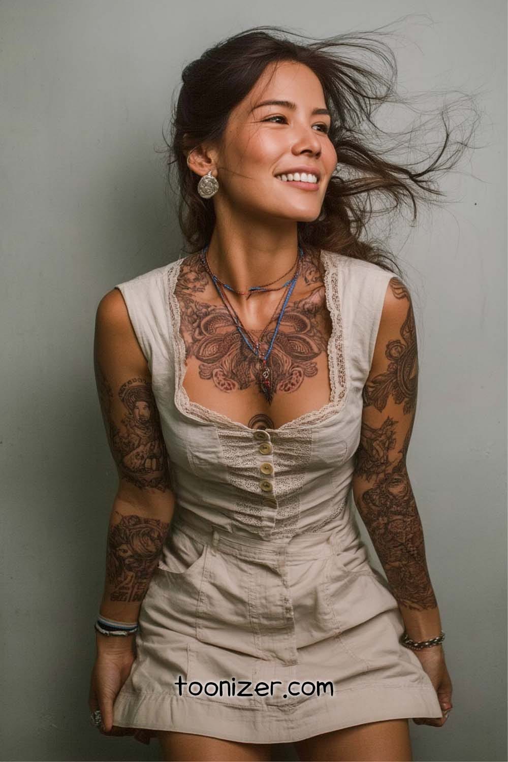 Smiling woman with tattoos in beige dress