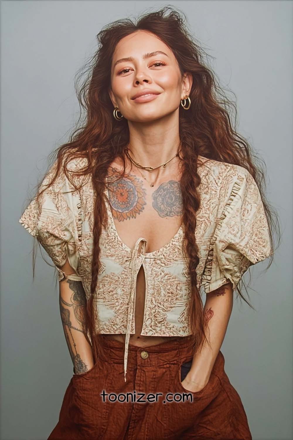 Smiling woman with tattoos in boho outfit.
