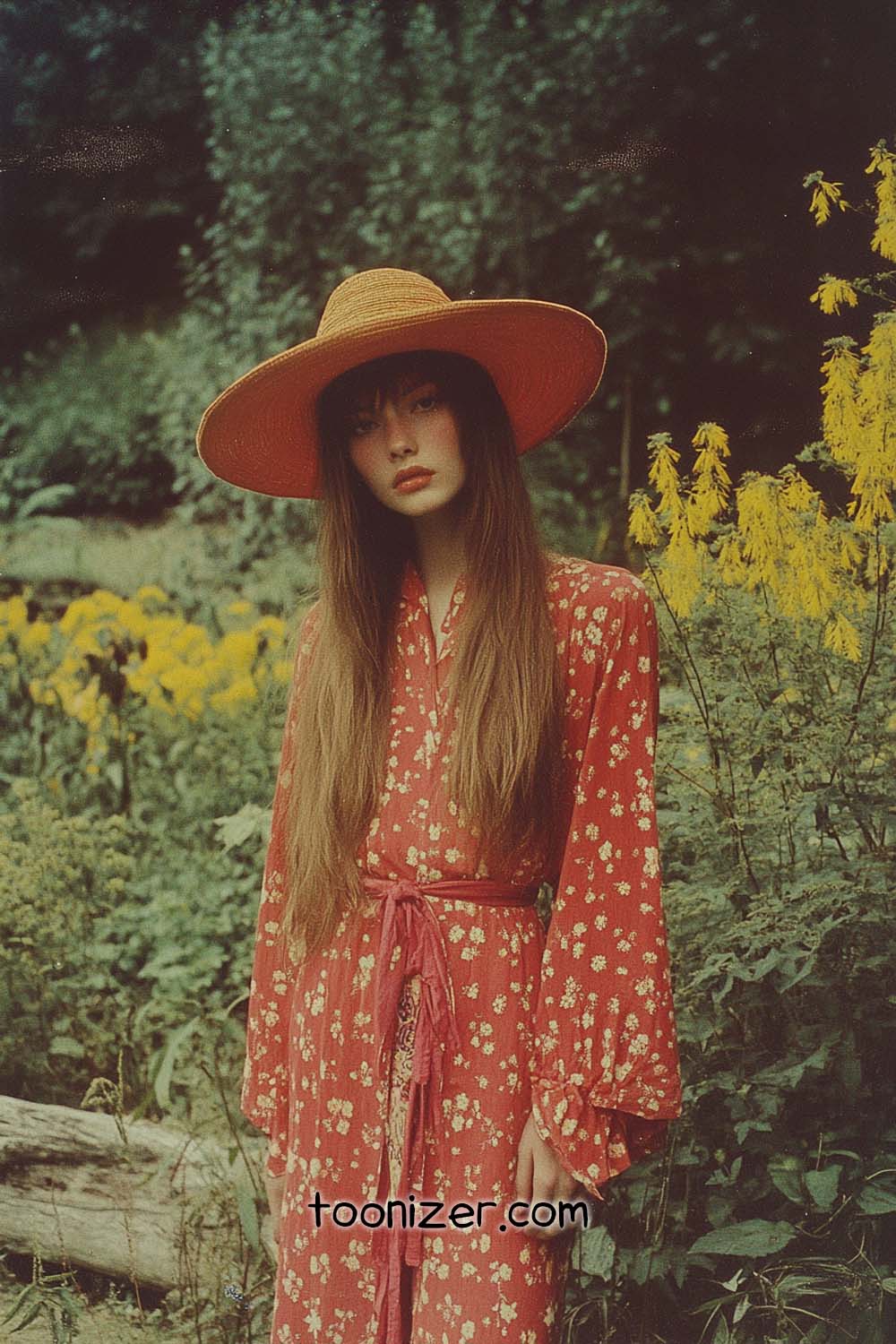 Woman in floral dress and hat in garden.
