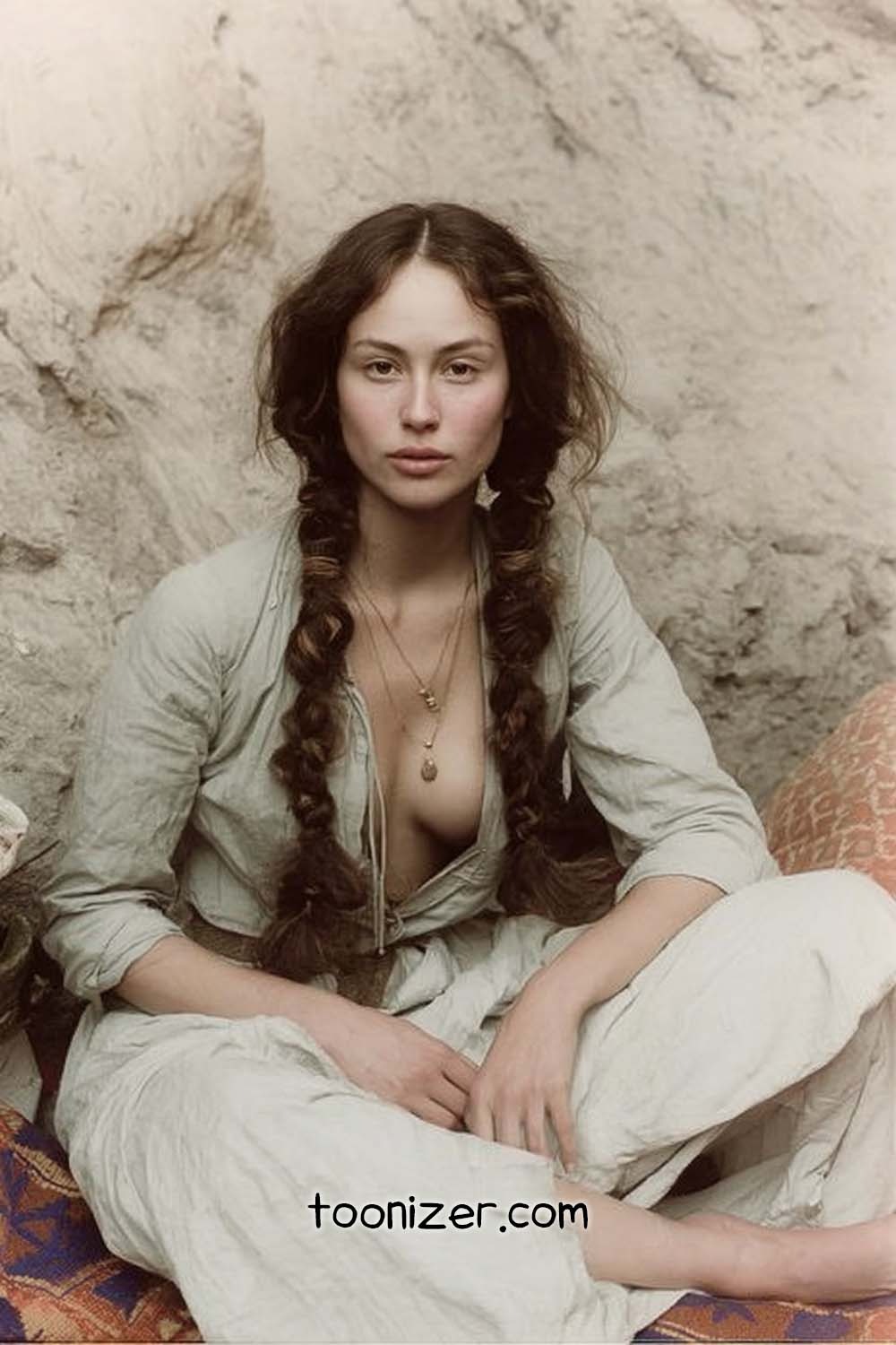 Woman with braided hair sitting against rock wall