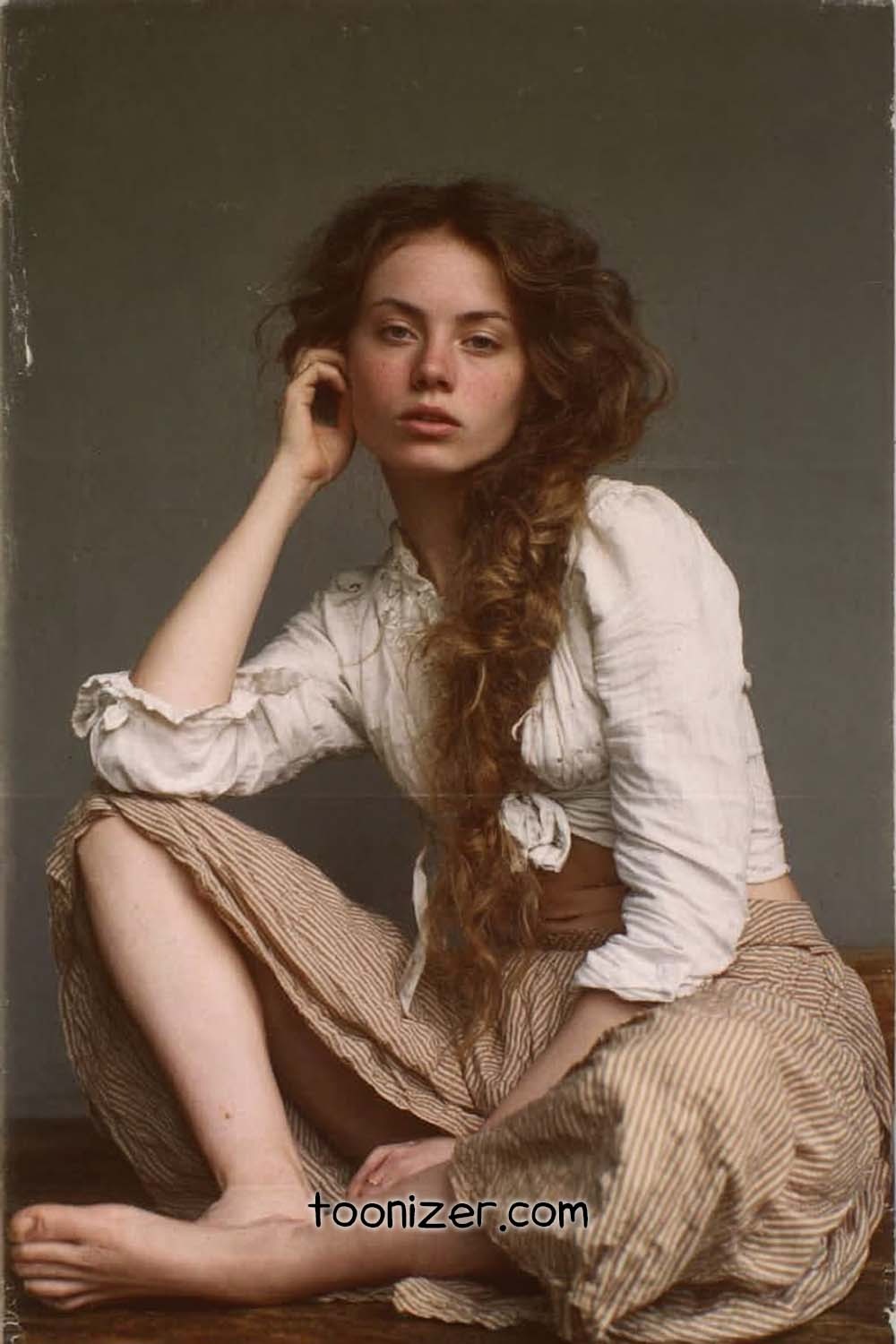 Young woman with long red braid sitting barefoot