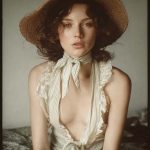 Woman in straw hat and ruffled blouse portrait