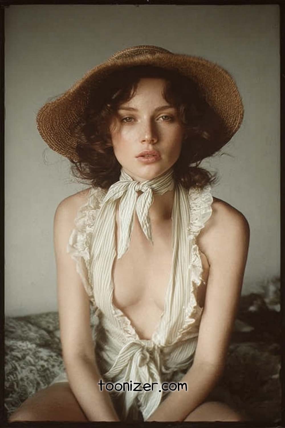 Woman in straw hat and ruffled blouse portrait