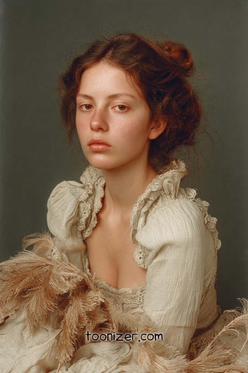 Vintage-style portrait of woman in ruffled cream dress