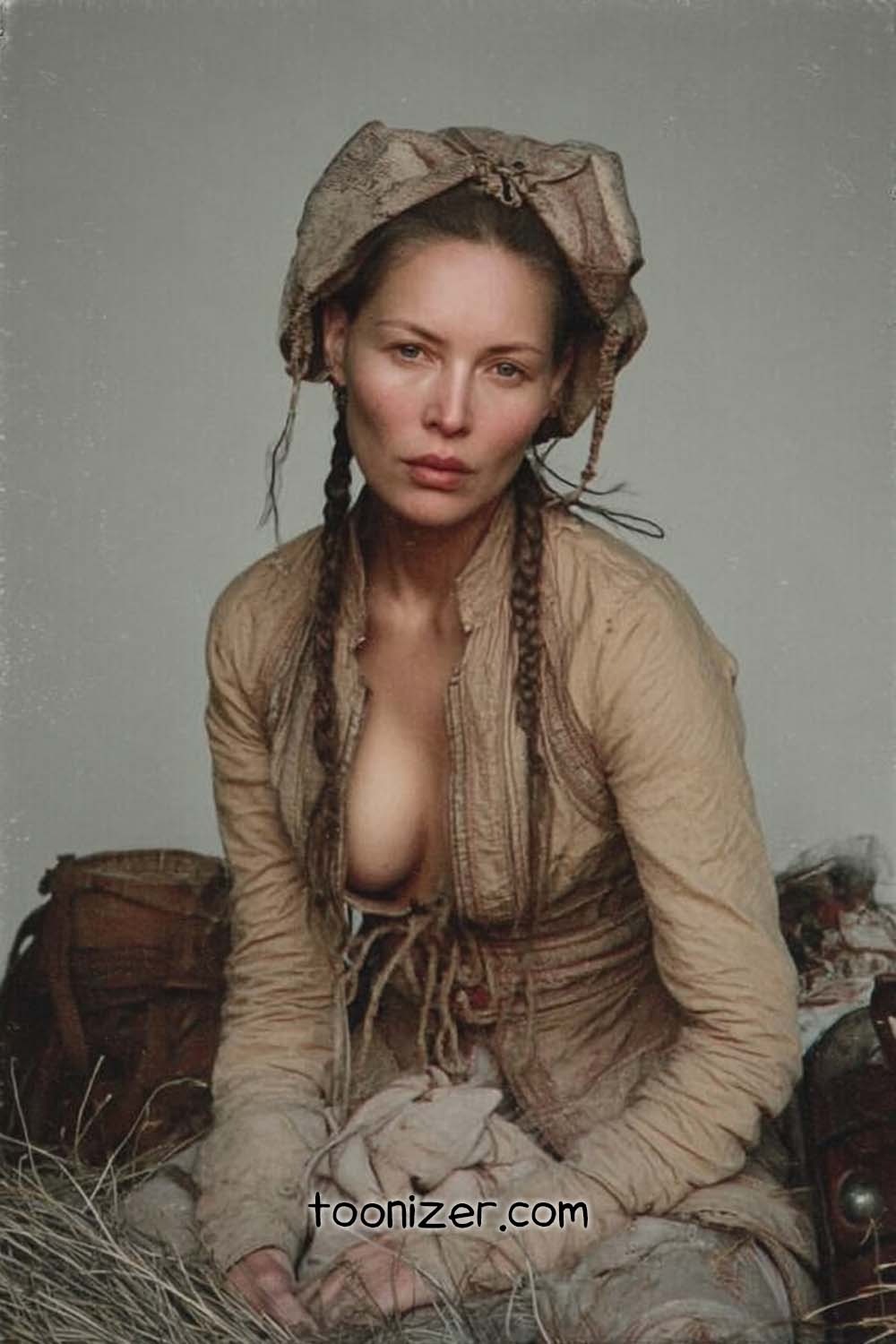 Woman in rustic historical attire with braided hair